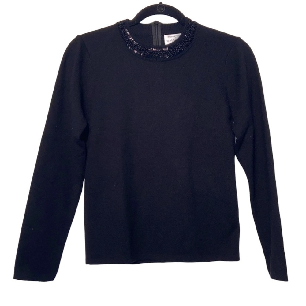 VINTAGE SAVILLE Lambswool Blend Black Embellished Crew Neck Sweater Petite Small